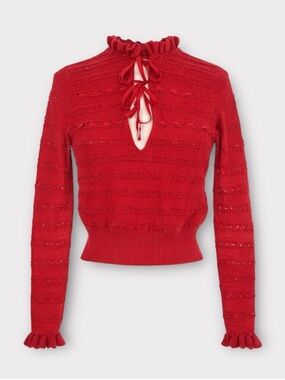 NWT Doen Cordelie Alpaca Silk Ruffle V Neck Tie Knot Sweater Top Wild Cherry Red